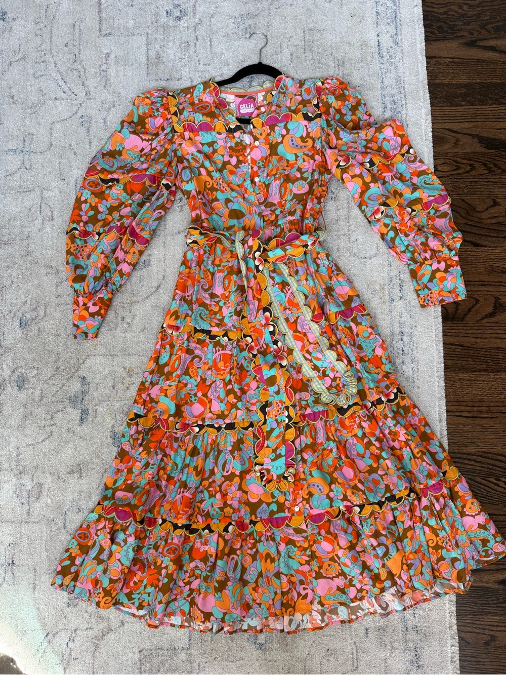 CeliaB Orange Floral Midi Dress with Puff Sleeves - Picture 8 of 11